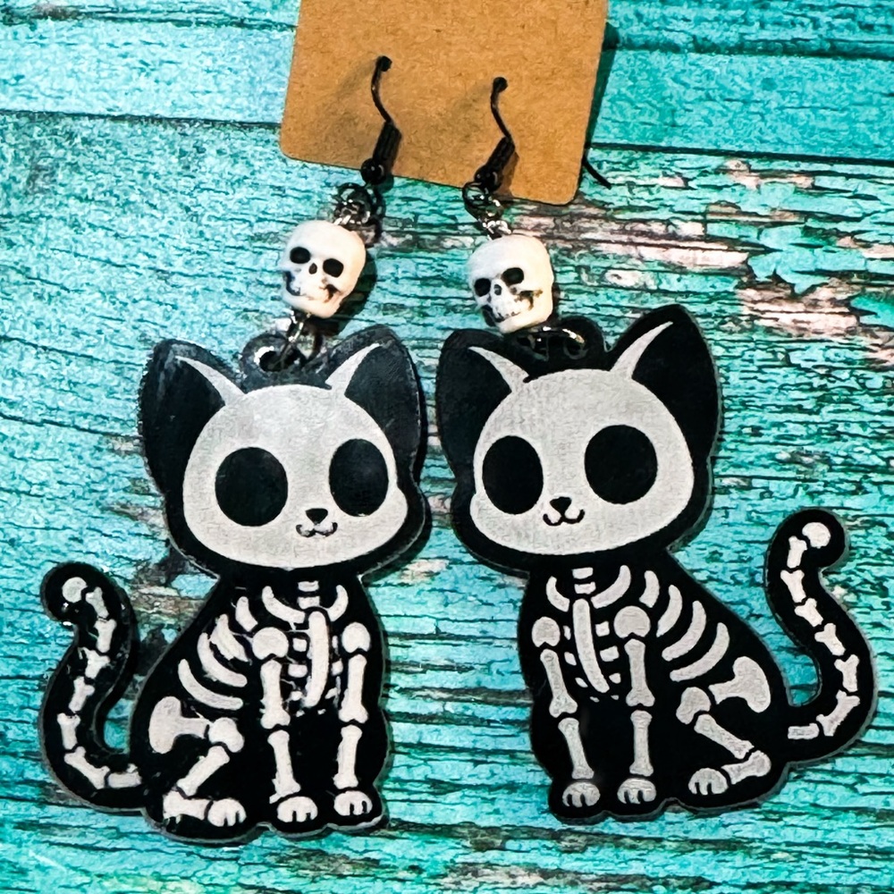 Handmade Skeleton Cat Earrings - Black and White. Acrylic Halloween accessories